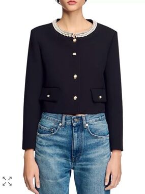 SANDRO Black Cropped Jacket with Faux Pearl Beaded Collar - Size 6